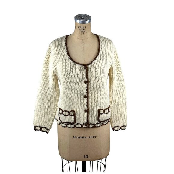 1960s 70s Evan-Picone wool cardigan ivory with brown trim Size M/L - Picture 1 of 6